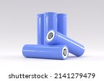 Small photo of 5 blue cylindrical batteries on a light gray background. Storage battery or secondary cell. Rechargeable li-ion batteries for electrical appliances and devices