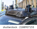Sensors, cameras and lidars on the roof of a self-driving car. Close-up. Self-driving car testing