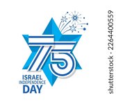 Logo for the 75rd Independence Day of Israel. Star of David with number 75 in the form of the Israeli flag and fireworks