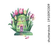 green tea house in the meadow... | Shutterstock . vector #1910092309