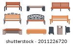 Garden bench. Cartoon wooden and wicker furniture for streets and parks. Outdoor municipal chairs set. Urban metal rubbish bins. Vector landscape seats or trash cans for public places