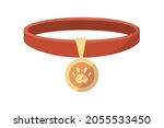 Collar with medal for cats and dogs. Cartoon pets red necklace and golden tag. Isolated kittens or puppies accessory. Metal badge with animal footprint. Vector canine belt template
