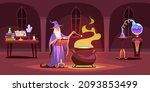 Wizard castle. Magical laboratory interior. Sorcerer brews magic potion in tower. Spell books and distillation flask on table. Magician with magic wand and cauldron. Vector concept