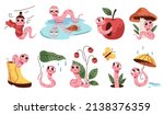 Soil worm characters. Earthworms mascots. Different items and activities. Funny garden insects with apple and mushroom. Natural creatures. Fishing bait. Rainworm wildlife. Vector bugs set