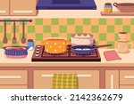 pot and pan on stove kitchen.... | Shutterstock .eps vector #2142362679