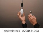 Small photo of two lamps in the hands, LED and incandescent. the concept of energy saving.