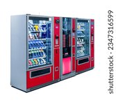 Small photo of Side view of group of red free standing snack and coffee vending machines with contactless payment terminal isolated on white background. Glare is reflected on black screen. Small business theme.