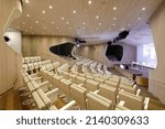 Small photo of Madrid, Spain, 03,28,2022: Panoramic view of the interior of the auditorium of the Institucion Libre de Ensenanza designed by Cristina Diaz Moreno. Educational institution founded in Spain in 1876