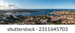 Small photo of 180 degree aerial panorama of summer Porto Cervo, a famous Italian luxury resort village in Costa Smeralda, Sardinia