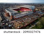 Small photo of Liverpool, Merseyside, UK - Dec, 02 2021. A general aerial view of the Anfield Road building site at Liverpool Football Club's Anfield Stadium as construction work on the new stand continues.