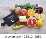Small photo of Food high in vitamin C (ascorbic acid) for strong immune system and skin health. Fresh fruits and vegetables as natural sources of vitamin C. Healthy foods rich in vitamin C.