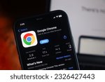 Small photo of Google Chrome application on Apple iPhone smartphone screen. Google Chrome is a free secure web browser application for internet browsing. New York, United States - June 30, 2023