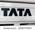 Small photo of Jhargram, West Bengal - November 24, 2023:Big chrome-plated Tata logo positioned on the front area of a Tata truck's cowl represents the brand's identity,as it's a symbol of reliability and strength.
