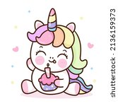 Cute Unicorn Cartoon And Happy...