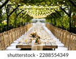 Small photo of Wedding decorations. Served wedding table with golden plates, golden chairs, napkins, decorative fresh and dried flowers, candles and light bulbs. Celebration details, wedding outdoor
