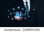 Small photo of businessman using technology AI for working tools. Chat bot Chat with AI, using technology smart robot AI, artificial intelligence to generate something or Help solve work problems.