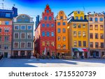 Stortorget (the Grand Square) is a public square in Gamla Stan, the old town in central Stockholm, Sweden. View with old houses.