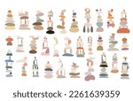 Zen stones cairns set simple abstract flat style vector illustration, relax, meditation and yoga concept, boho colors stone pyramid for making banners, posters, cards, prints, wall art