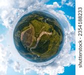 aerial minor planet panorama view of the valley of the mountain river Nechepsuho in the Western Caucasus on a sunny summer day