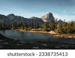 Beautiful sunset view on Lago di Limides in the Falzarego Pass Dolomites, Italy