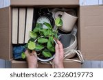 Small photo of Person's hands packing personal belongings items into cardboard box for moving