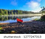 Red canoe on shore of lake in forest in Algonquin park