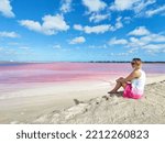 Small photo of Woman in The Coloradas, Las Coloradas, The Pink lagoon, salt lakes, saline water, Rio Lagartos Municipality, Yucatan, Mexico