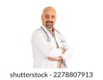 Small photo of Trustworthy and reliable doctor, portrait of caucasian European bald middle aged trustworthy and reliable doctor. Standing over isolated white background, wearing hospital medical coat. Smiling.