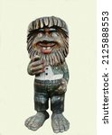 Small photo of View of a wooden sculpture of a troll or a gnome with a beard and barefoot isolated on a light background, Norway. Travel landscape sights of Europe.