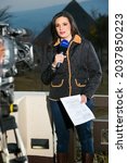 Small photo of JOHANNESBURG, SOUTH AFRICA - Aug 11, 2021: Behind the scenes of celebrity news anchor and TV host Leanne Manas in Johannesburg