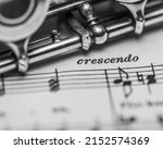 Small photo of A grayscale closeup of the music instrument on the paper with the word crescendo meaning growing