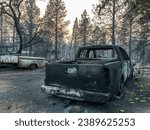 Small photo of This stock photo features a rural landscape with several vintage trucks parked in the dirt among trees and shrubbery