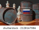 Russian oil, oil barrel background, Russia flag on barrel, sanctions on Russian oil. 3D work and 3D illustration
