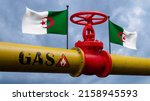 Valve on the main gas pipeline Algeria. Pipeline with flags Algeria. Pipes of gas from Algeria. 3D work and 3D image