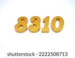 Small photo of Number 8310 is made of gold-painted teak, 1 centimeter thick, placed on a white background to visualize it in 3D.