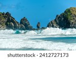 Small photo of The agitation of the sea and the surf and in the background the rocky complex with the balanced rock formation known as Pedra do Piao in the Fernando de Noronha Archipelago