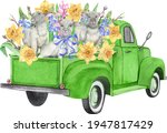 Watercolor Green Easter Truck....