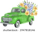 Watercolor Green Easter Truck....