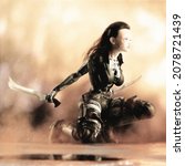 3D rendering of vicious female cyborg warrior on desert environment with soft focus background 