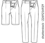 mens chino pant and chino shorts flat sketch vector technical cad drawing template