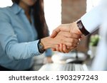 Client shaking hands with insurance agent in office closeup. Business cooperation concept