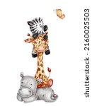 Funny hippo, giraffe, zebra and butterfly; watercolor hand drawn illustration; with white isolated background