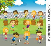 many kids playing in the park... | Shutterstock .eps vector #665039140