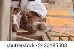 Small photo of Varanasi, Uttar Pradesh, India-Jan 18 2023: Close up portrait of an holy sadhu baba performing the rituals pooja at manikarnika ghat in kashi. White beard baba portrait unedited at the ghats, Banaras