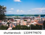 Overlooking Historic  Dubuque  Iowa, small city streets and buildings featuring older architecture and city skylines. 