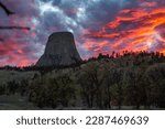 Devils Tower at sunset, heavy clouds lots of contrast