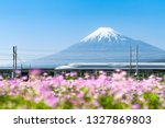 Shinkansen bullet train passing by Mount Fuji, Yoshiwara, Shizuoka prefecture, Japan