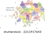 South Jeolla Province administrative map with cities and counties. Clored. Vectored. Yellow, green, blue, pink, violet, orange