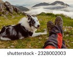 Mountaineer sitting on the ground next to his border collie dog watching the sunset after a day of trekking in the mountains.