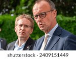 Small photo of Kiel, Germany, June 26, 2023, Portrait of CDU Chairman Friedrich Merz and Prime Minister HH Daniel Gunther at a meeting in Schleswig-Holstein